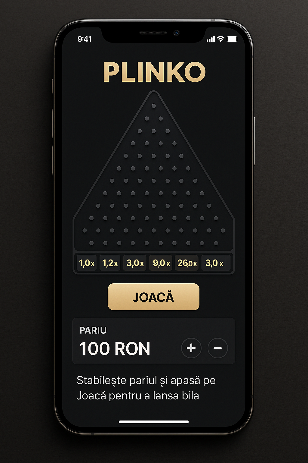 Smartphone modern afișând interfața aplicației cazino Plinko cu text românesc